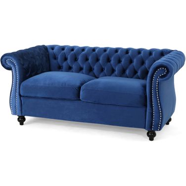 Quixotic Chesterfield Tufted Loveseat with Scroll Arms and Turned Legs In Navy Blue