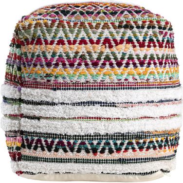 Qyver Chevron Handmade Cotton/Polyester Square Ottoman Pouf In White and Multi