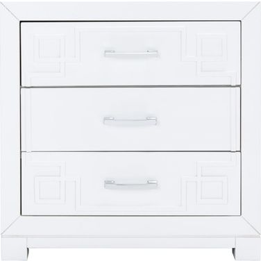 Raina Three Drawer Greek Key Night Stand in White and Silver