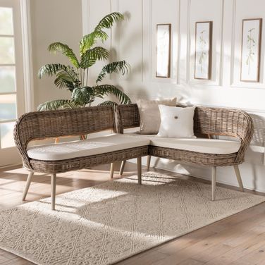 Raisa Seagrass and Acacia Wood 2 Piece Dining Nook Banquette Set In Greywashed