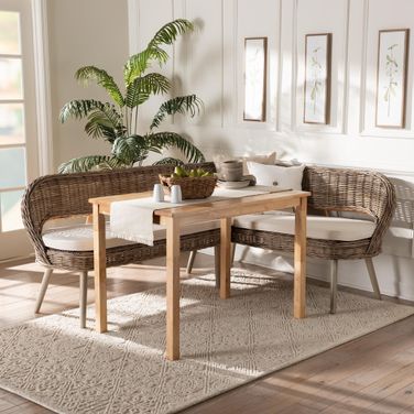 Raisa Seagrass Bench and Wood Table 3 Piece Dining Nook Set In Greywashed
