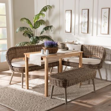 Raisa Seagrass Bench and Wood Table 4 Piece Dining Nook Set In Greywashed