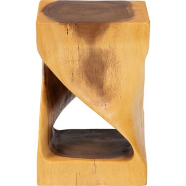 Rapha Hand-Carved Suar Wood Side Table with Shelf In Natural Brown
