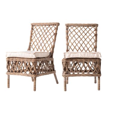 Rattan Cross Back Dining Parsons Chairs Set of 2 In Natural and Cream