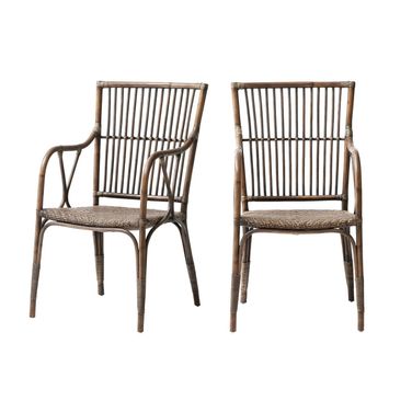 Rattan Slat Back Dining Arm Chairs Set of 2 In Natural