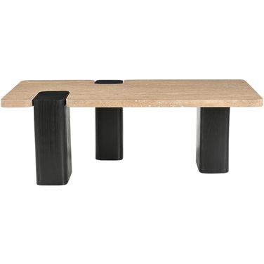 Ravenna Genuine Travertine Top and Oak Wood Base Coffee Table In Natural and Black