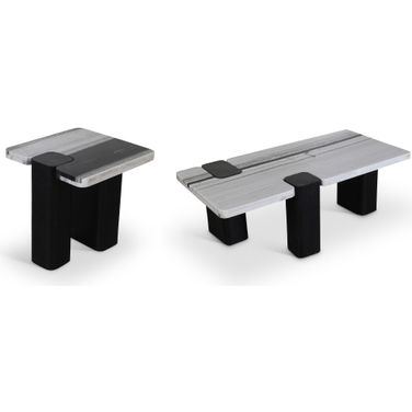 Ravenna Genuine Marble Top and Oak Wood Base Occasional Table Set In Panda and Black