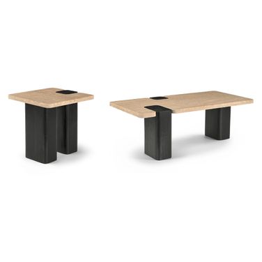 Ravenna Genuine Travertine Top and Oak Wood Base Occasional Table Set In Natural and Black