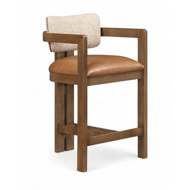 Ravina Vegan Leather and Linen Textured Fabric Upholstered Counter Stool In Cognac