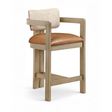 Ravina Vegan Leather and Linen Textured Fabric Upholstered Counter Stool In Cognac