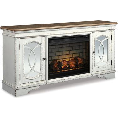 Realyn Chipped White And Distressed 74 Inch TV Stand With Electric Fireplace