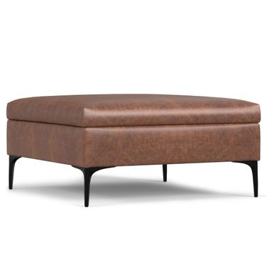 Rebecca Vegan Faux Leather Coffee Table Storage Ottoman with Lift Up Lid In Distressed Saddle Brown