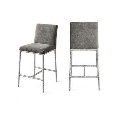 Reeves Chenille Fabric Upholstered Counter Stool Set of 2 In Grey and Brushed Silver