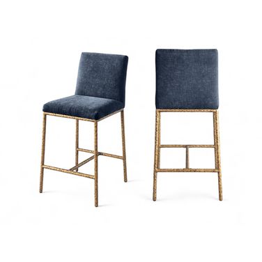 Reeves Chenille Fabric Upholstered Counter Stool Set of 2 In Navy and Brushed Gold