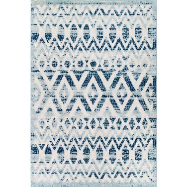 Reflect Ivory and Blue Tamako Diamond and Chevron Moroccan Trellis 5x8 Indoor / Outdoor Area Rug