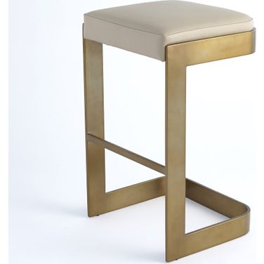 Regan High Bar Stool With Ivory Leather In Antique Brass