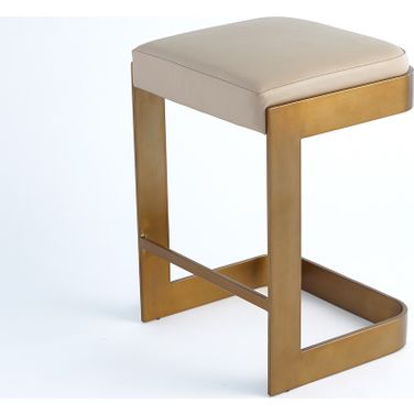 Regan Low Bar Stool With Ivory Leather In Antique Brass