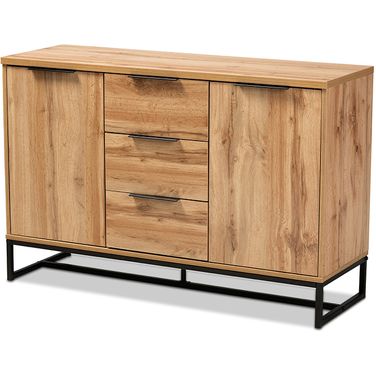 Reid Modern And Contemporary Industrial Oak Finished Wood And Black Metal 3-Drawer Sideboard Buffet