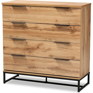 Reid Modern And Contemporary Industrial Oak Finished Wood And Black Metal 4-Drawer Dresser