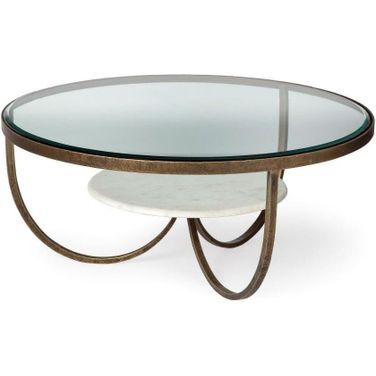Reinhardt 36 Inch Round Glass Top Marble Shelf Gold Metal Base Coffee Table