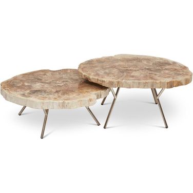 Relique Lastra Coffee Table Set Of 2 In Polished Stainless Steel Legs And Natural Light Top