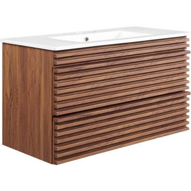 Render 36 Inch Wall-Mount Bathroom Vanity In Walnut/White