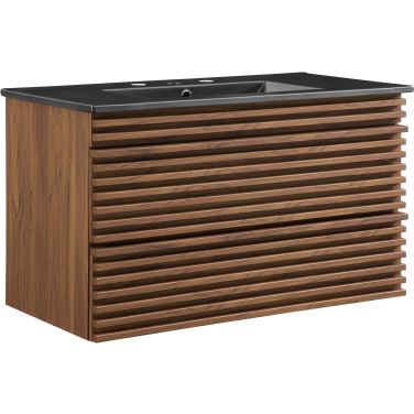 Render 36 Inch Wall-Mount Bathroom Vanity In Walnut/Black