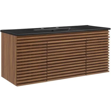 Render 48 Inch Wall Mount Bathroom Vanity In Walnut Black EEI-5801-WAL-BLK
