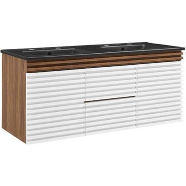 Render 48 Inch Wall Mount Bathroom Vanity In White Walnut Black EEI-5802-WHI-WAL-BLK
