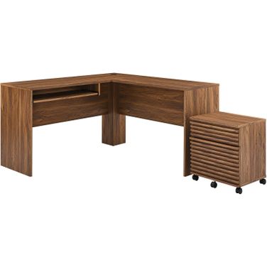 Render Wood Desk and File Cabinet Set In Walnut
