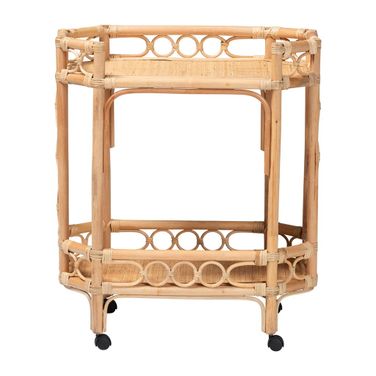 Rene 2-Tier Handwoven Wicker Kitchen Cart with Handle In Natural Rattan