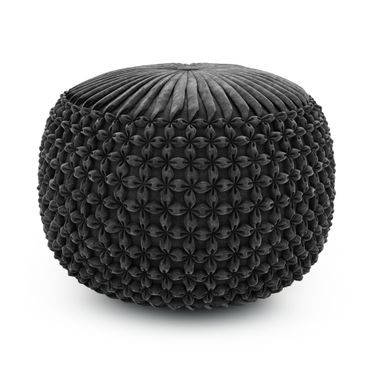 Renee Velvet Fabric Round Pouf In Slate Grey
