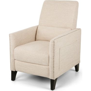 Repose Upholstered Recliner Chair with Nailhead Trim and Side Pocket In Beige