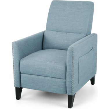 Repose Upholstered Recliner Chair with Nailhead Trim and Side Pocket In Light Blue