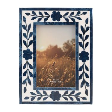 Resin 4 x 6 Blue Petals Photo Frame In White And Blue