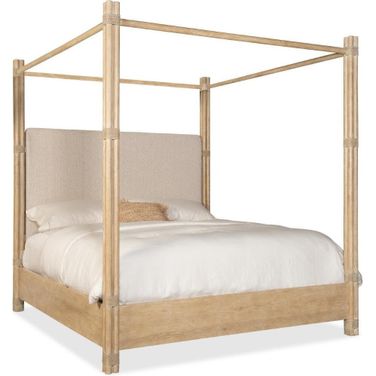 Retreat Pole Rattan King Upholstered Poster Bed with Canopy In Beige