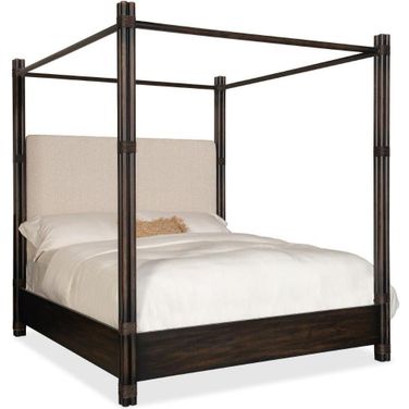 Retreat Pole Rattan King Upholstered Poster Bed with Canopy In Beige