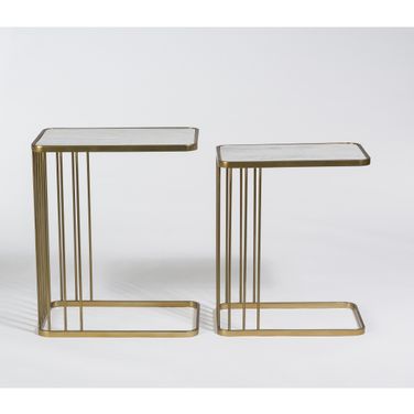 Retro Cloud Marble Top Antique Brass Metal Base Modern Elegance 20 Inch Nesting Tables In Brown