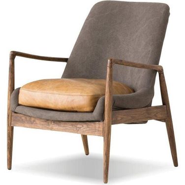 Reynolds Ash Gray Fabric With Tan Leather Seat And Ash Wood Stained Gray Frame Lounge Chair