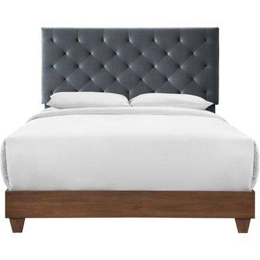 Rhiannon Walnut Charcoal Diamond Tufted Upholstered Performance Velvet Queen Bed
