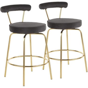 Rhonda Glam Counter Stool In Gold Metal And Black Velvet - Set Of 2