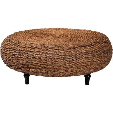 Riau Handwoven Seagrass Round Coffee Table with Wooden Legs In Natural Brown and Espresso Brown