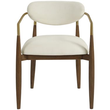 Riccio Performance Fabric Upholstered Dining Arm Chair Set of 2 In Cream and Stained Walnut