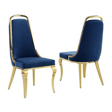 Ricky Side Chairs Set of 2 In Navy Blue Velvet and Gold Chrome
