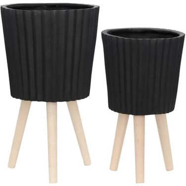 Ridged Planter With Wood Legs Set of 2 In Black