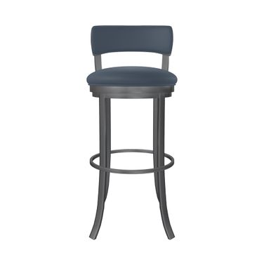 Riga 30 Inch Bar Height Swivel Stool In Lustrous Silver White and Midnight Blue