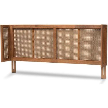 Rina Mid-Century Modern Ash Wanut Finished Wood And Synthetic Rattan King Size Wrap-Around Headboard