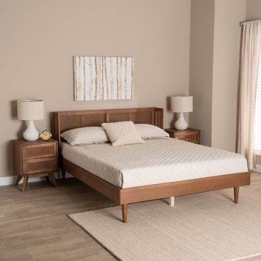 Rina Wood 3 Piece Full Bedroom Set with Synthetic Rattan In Ash Walnut