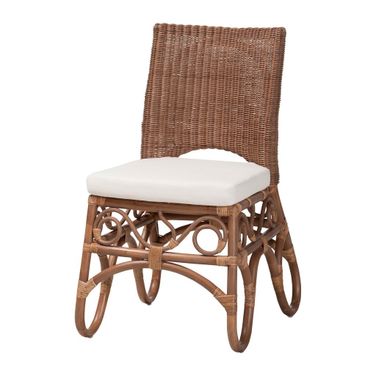 Rivan Handwoven Rattan Dining Chair with Woven Back and Cushion In Brown