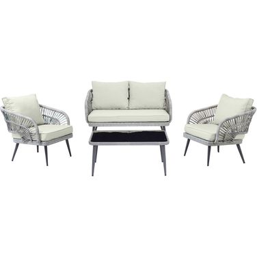 Riviera Rope Wicker 4-Piece 4 Seater Patio Conversation Set With Cushions In Grey/Cream